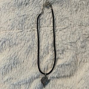 Brighton  black leather necklace with silver heart charm. 16” and extension.